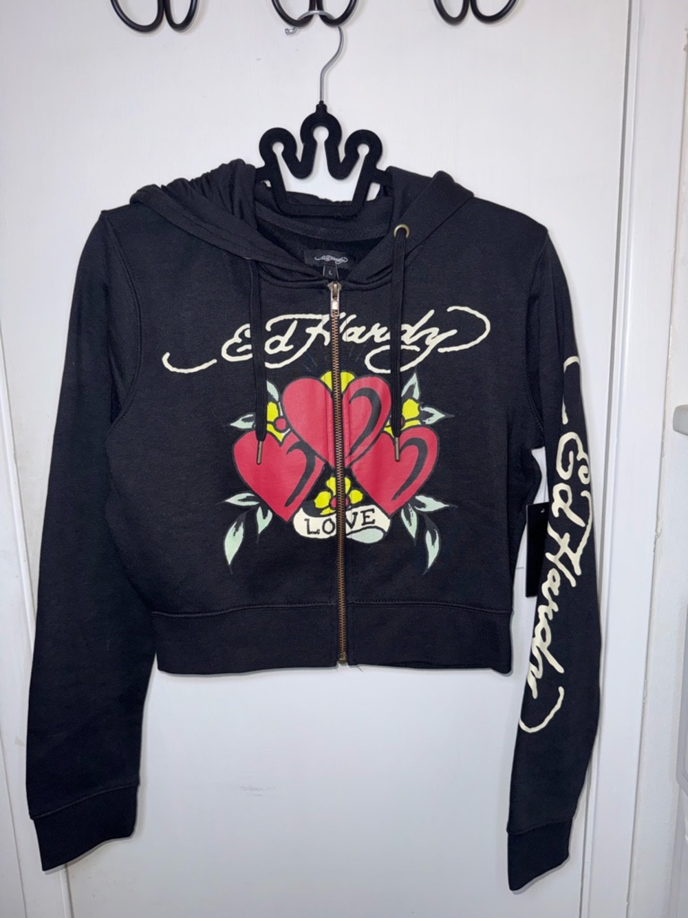 NWT Ed Hardy Black Zip Hoodie with Red Heart Tattoo Graphic